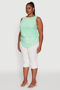 Womens Plus Mesh Positive Vibes Graphic Side Ruched Tank Top,