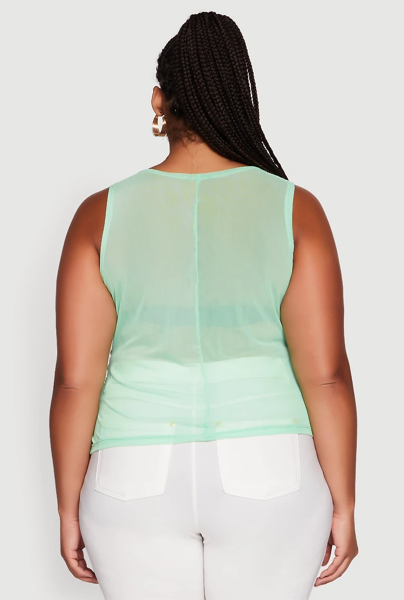 Womens Plus Mesh Positive Vibes Graphic Side Ruched Tank Top,