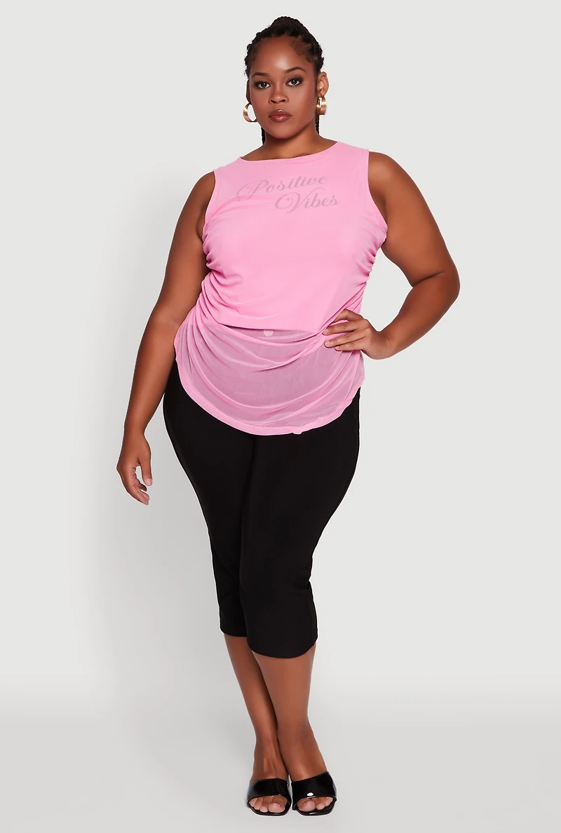 Plus Mesh Positive Vibes Graphic Side Ruched Tank Top