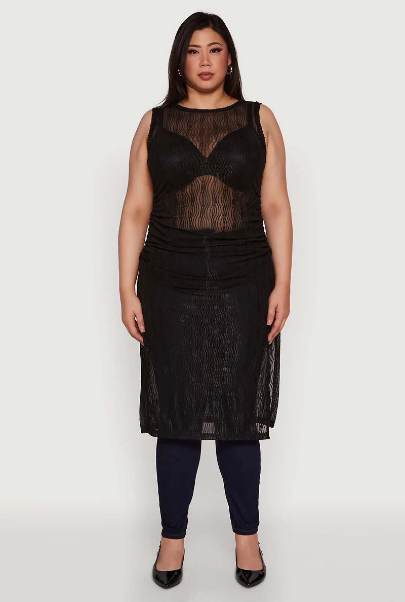 Womens Plus Stylish Mesh Side Slit Tank Top with Ruching and Maxi Hem,