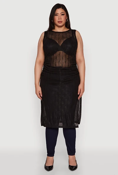 Womens Plus Stylish Mesh Side Slit Tank Top with Ruching and Maxi Hem,