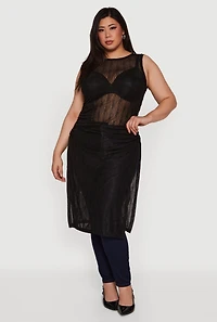 Womens Plus Stylish Mesh Side Slit Tank Top with Ruching and Maxi Hem,