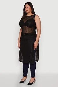 Womens Plus Stylish Mesh Side Slit Tank Top with Ruching and Maxi Hem,