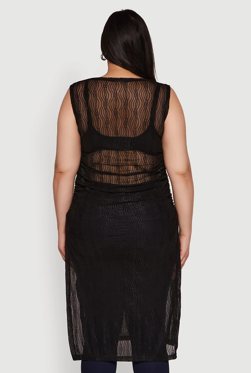 Womens Plus Stylish Mesh Side Slit Tank Top with Ruching and Maxi Hem,