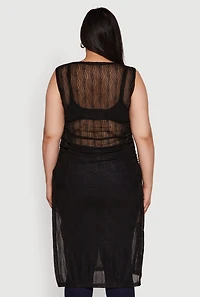 Womens Plus Stylish Mesh Side Slit Tank Top with Ruching and Maxi Hem,
