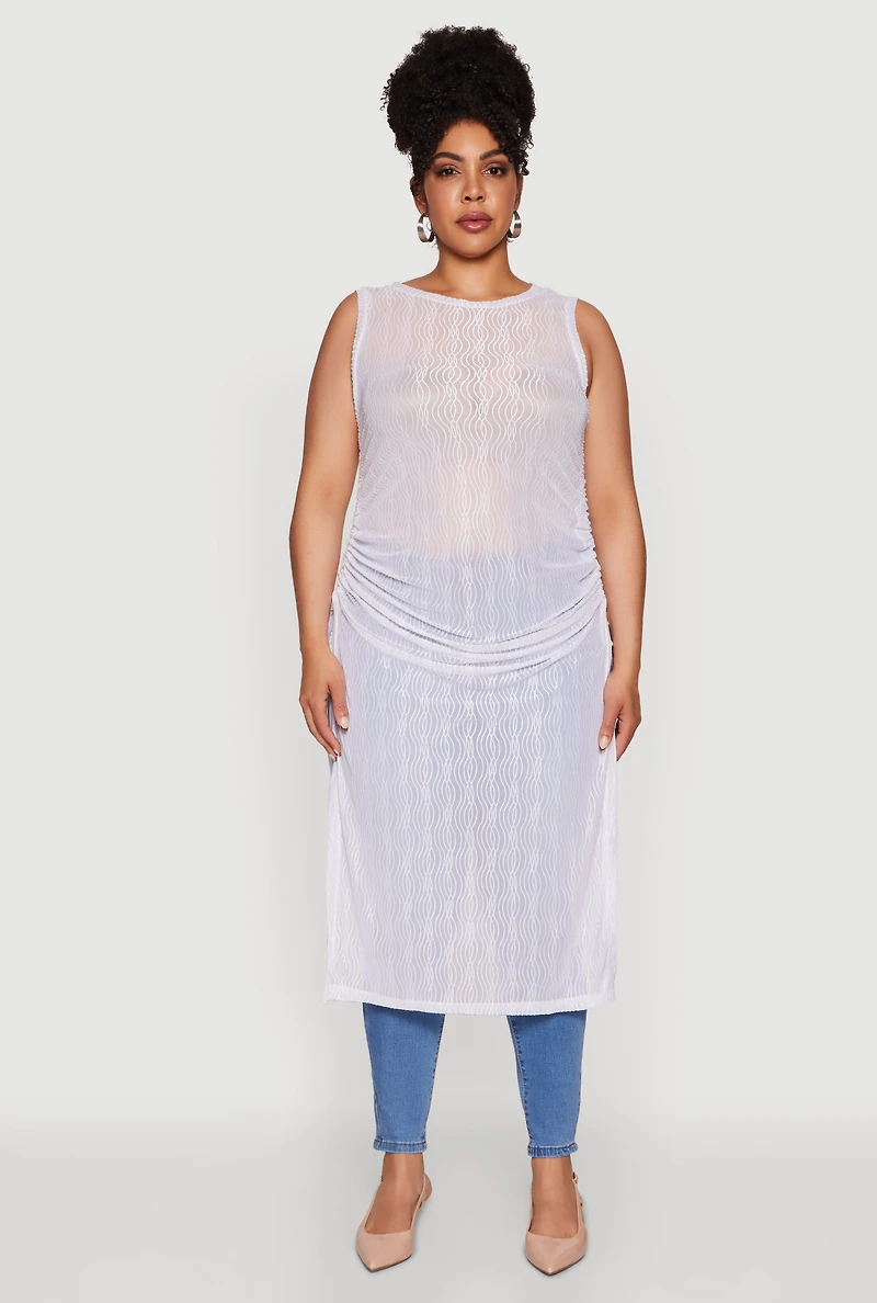 Womens Plus Size Stylish Mesh Side Slit Tank Top with Ruching and Maxi Hem, White, Size 2X