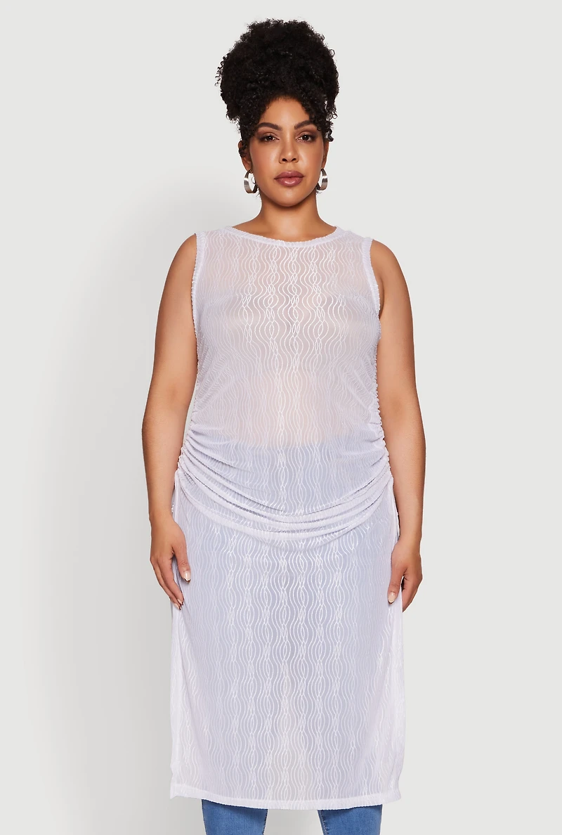 Womens Plus Size Stylish Mesh Side Slit Tank Top with Ruching and Maxi Hem, White, Size 2X