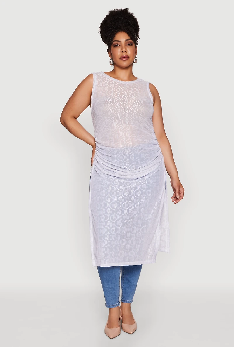 Womens Plus Size Stylish Mesh Side Slit Tank Top with Ruching and Maxi Hem, White, Size 2X