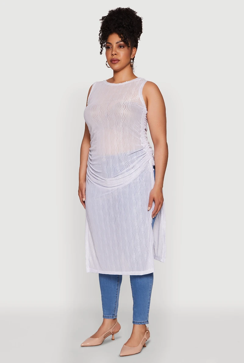 Womens Plus Size Stylish Mesh Side Slit Tank Top with Ruching and Maxi Hem, White, Size 2X