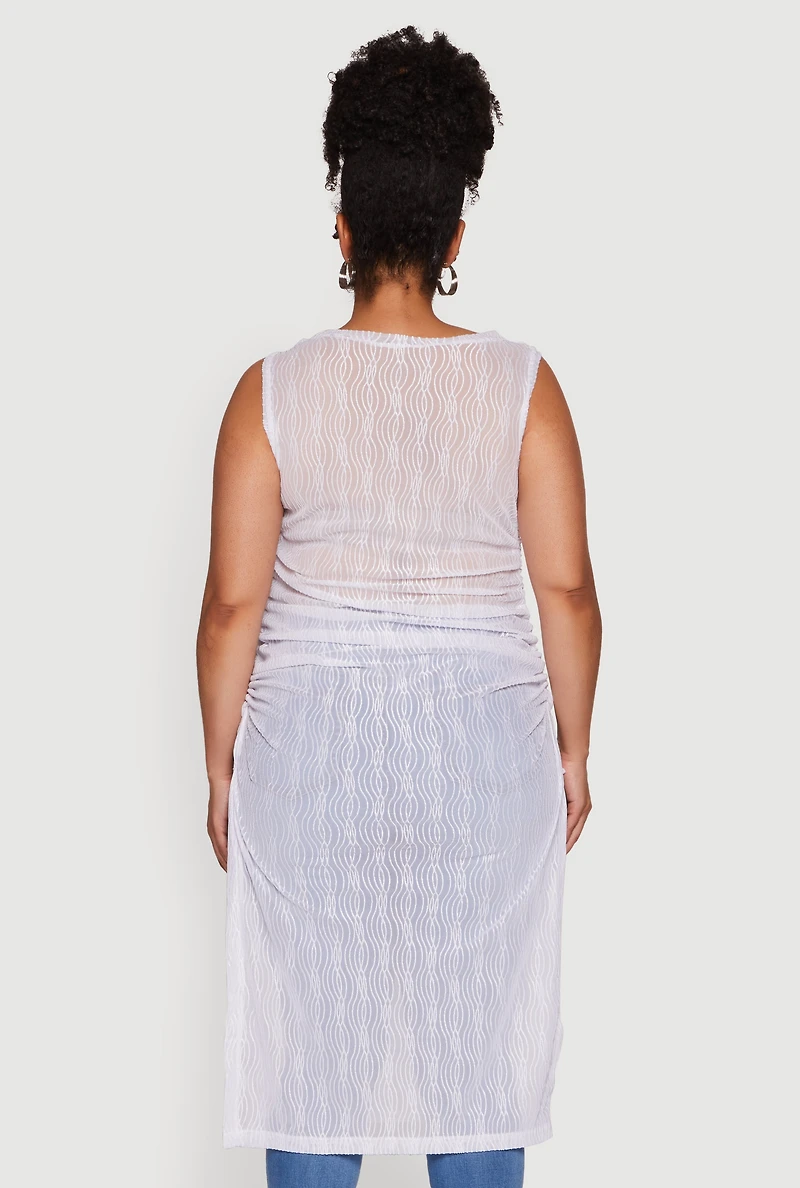 Womens Plus Size Stylish Mesh Side Slit Tank Top with Ruching and Maxi Hem, White, Size 2X