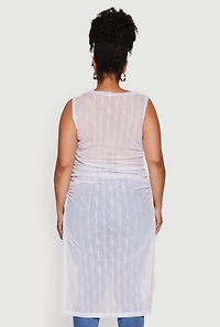 Womens Plus Size Stylish Mesh Side Slit Tank Top with Ruching and Maxi Hem, White, Size 2X