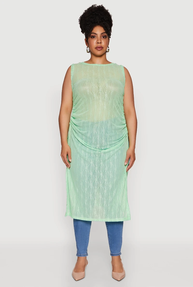 Plus Stylish Mesh Side Slit Tank Top with Ruching and Maxi Hem