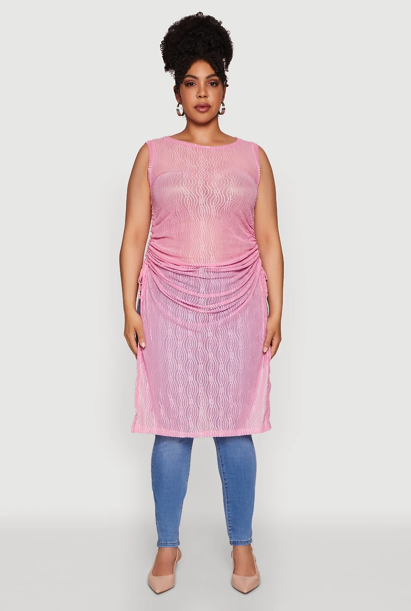 Plus Stylish Mesh Side Slit Tank Top with Ruching and Maxi Hem