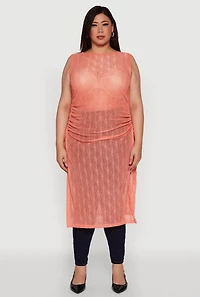 Plus Stylish Mesh Side Slit Tank Top with Ruching and Maxi Hem