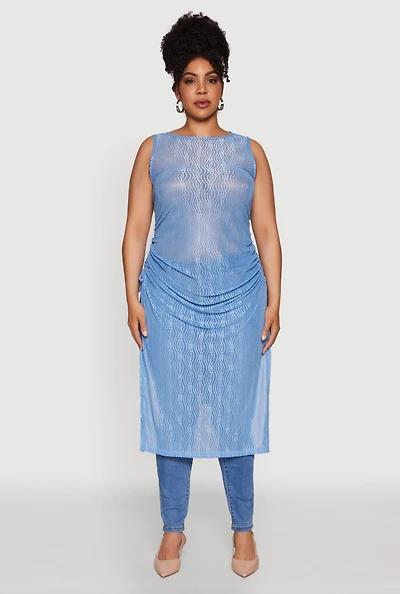 Womens Plus Stylish Mesh Side Slit Tank Top with Ruching and Maxi Hem,