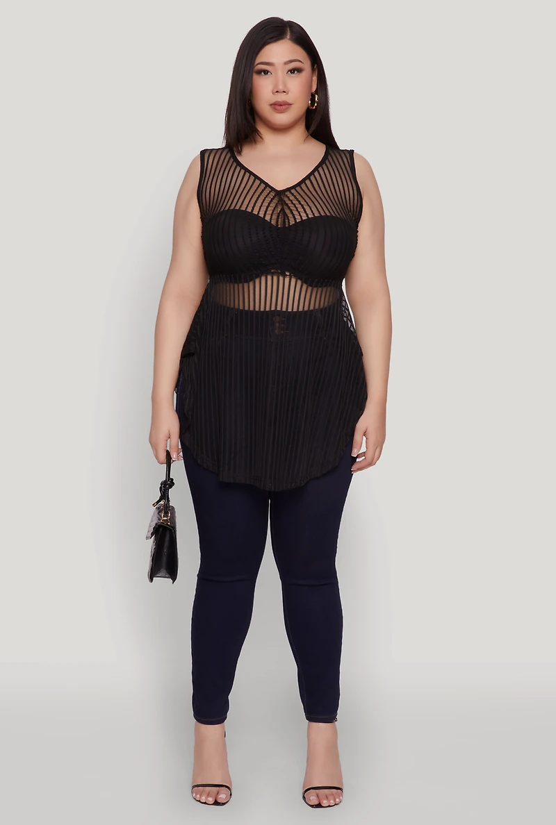 Womens Plus Shadow Stripe Sleeveless Mesh Top,