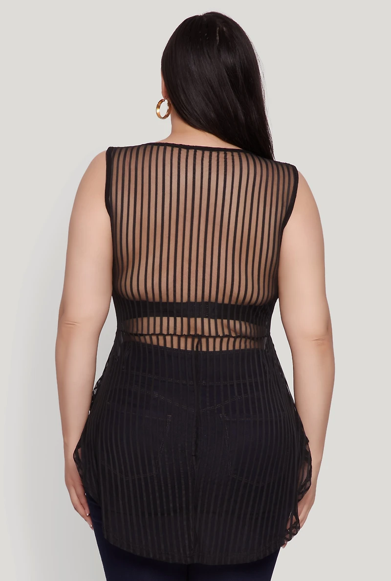 Womens Plus Size Shadow Stripe Sleeveless Mesh Top, Black, Size 4X