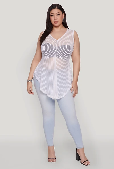 Womens Plus Size Shadow Stripe Sleeveless Mesh Top, White, Size 1X