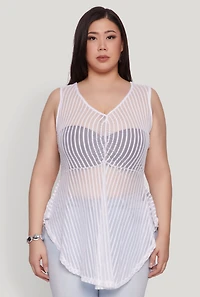 Womens Plus Size Shadow Stripe Sleeveless Mesh Top, White, Size 1X