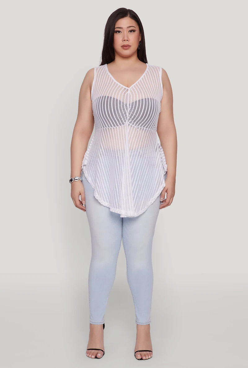 Womens Plus Size Shadow Stripe Sleeveless Mesh Top, White, Size 1X