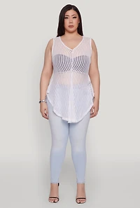 Womens Plus Size Shadow Stripe Sleeveless Mesh Top, White, Size 1X