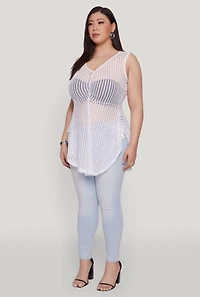 Womens Plus Size Shadow Stripe Sleeveless Mesh Top, White, Size 1X
