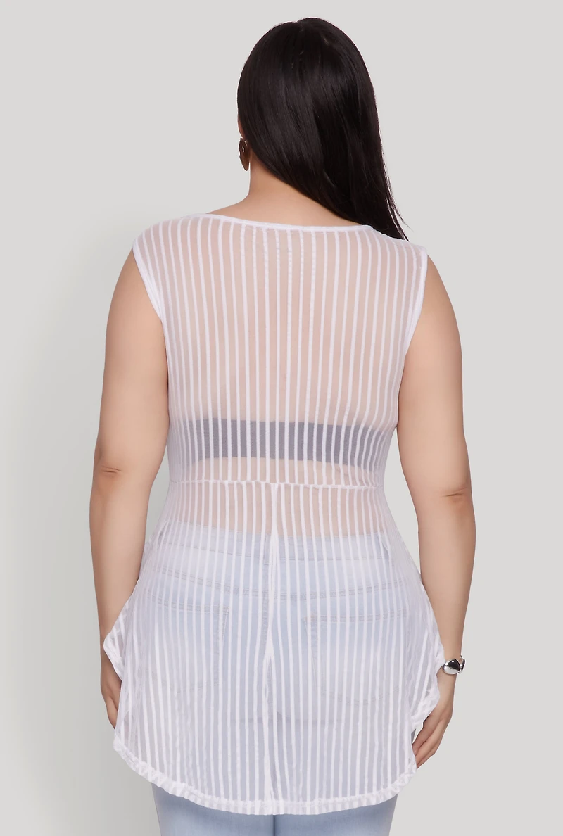 Womens Plus Size Shadow Stripe Sleeveless Mesh Top, White, Size 1X