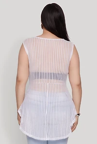Womens Plus Size Shadow Stripe Sleeveless Mesh Top, White, Size 1X