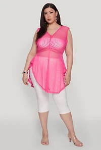 Womens Plus Shadow Stripe Sleeveless Mesh Top, Pink,