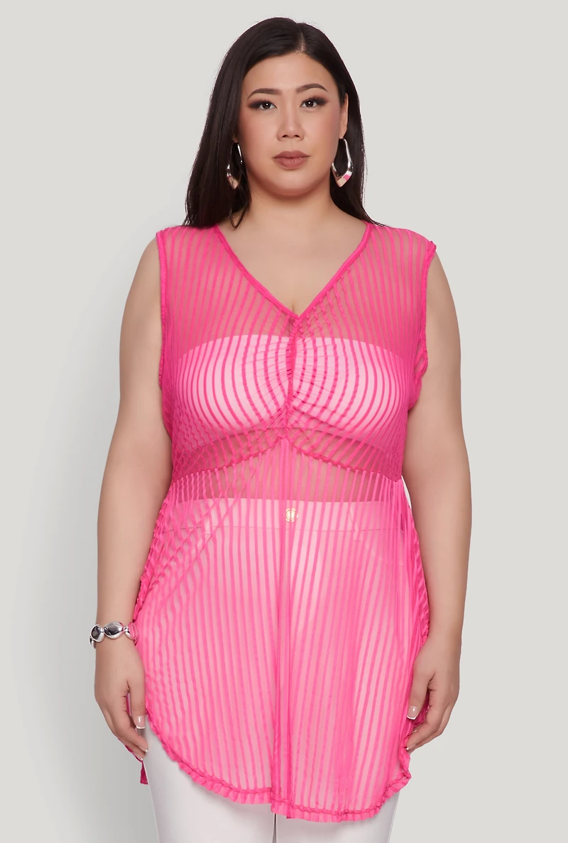 Womens Plus Shadow Stripe Sleeveless Mesh Top, Pink,