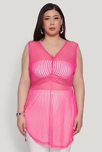 Womens Plus Shadow Stripe Sleeveless Mesh Top, Pink,