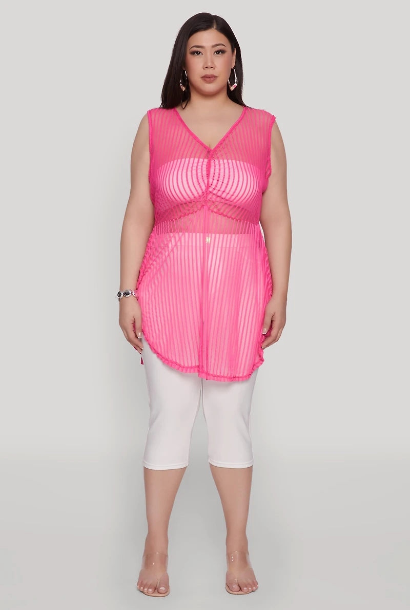 Plus Shadow Stripe Sleeveless Mesh Top