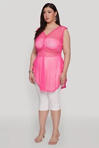 Womens Plus Shadow Stripe Sleeveless Mesh Top, Pink,