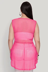 Womens Plus Shadow Stripe Sleeveless Mesh Top, Pink,