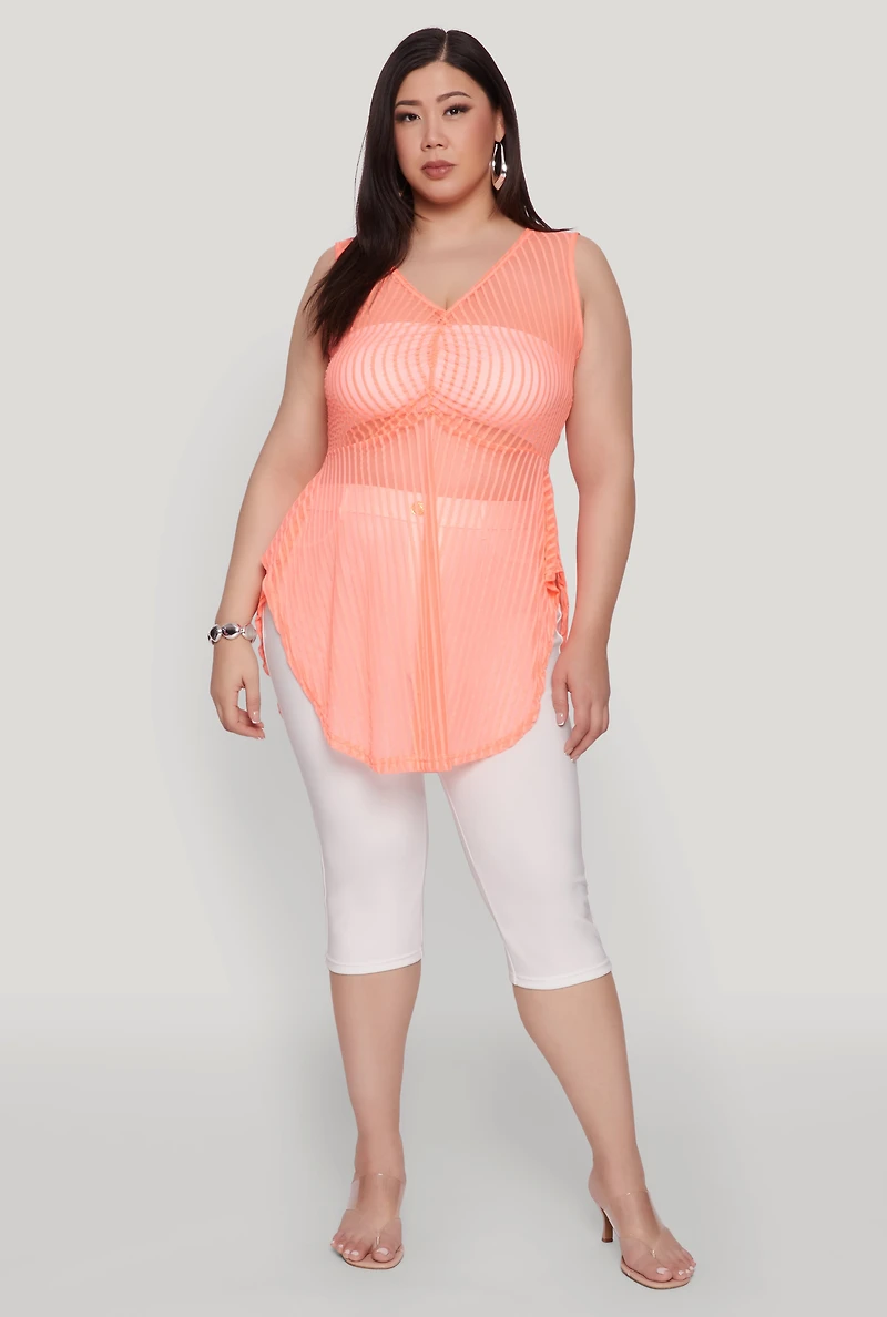Womens Plus Shadow Stripe Sleeveless Mesh Top,