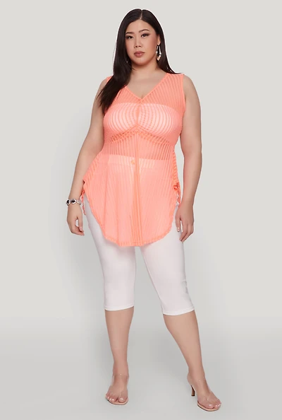 Womens Plus Size Shadow Stripe Sleeveless Mesh Top, Orange, Size 3X