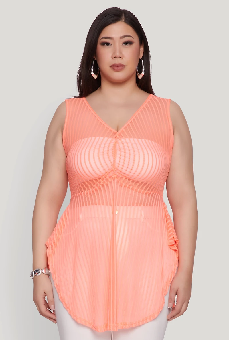Womens Plus Shadow Stripe Sleeveless Mesh Top, Orange,
