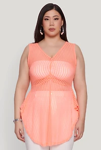 Womens Plus Size Shadow Stripe Sleeveless Mesh Top, Orange, Size 3X