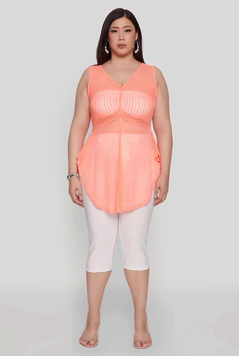 Womens Plus Size Shadow Stripe Sleeveless Mesh Top, Orange, Size 3X