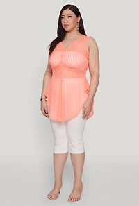 Womens Plus Shadow Stripe Sleeveless Mesh Top,