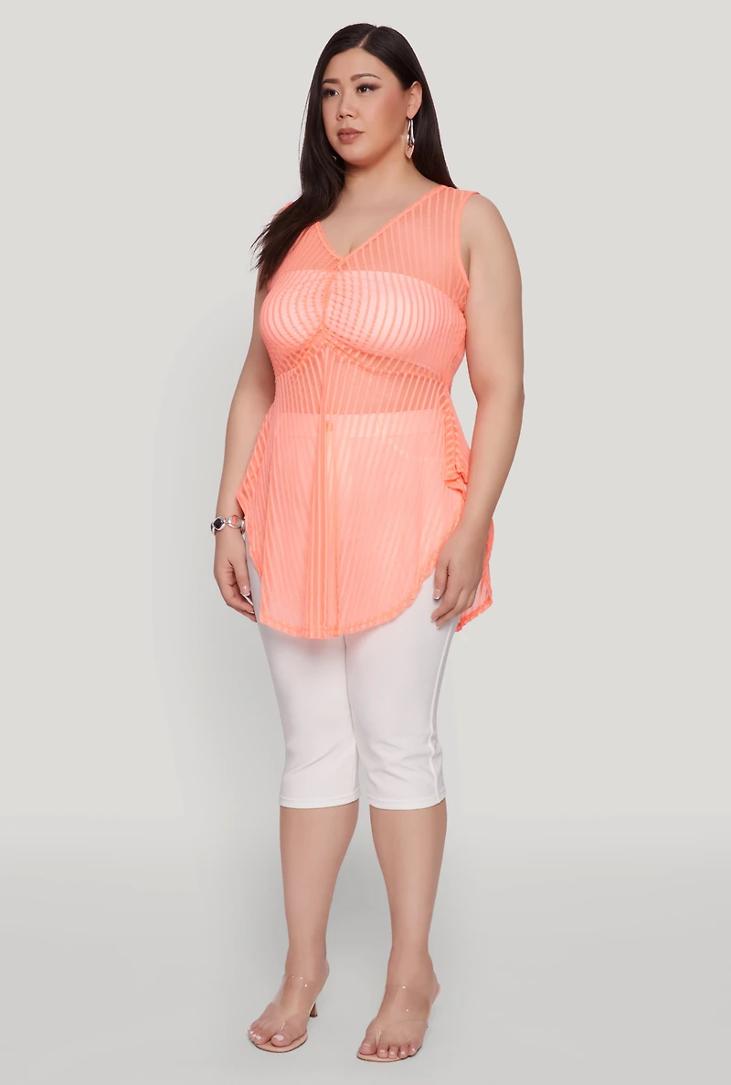 Womens Plus Shadow Stripe Sleeveless Mesh Top, Orange,