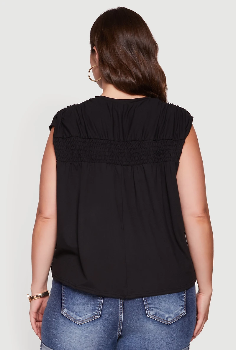 Plus Ruched Shoulder Smocked Detail Blouse