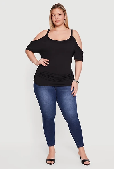 Plus Cold Shoulder Side Ruched Scoop Neck Blouse
