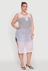 Womens Plus Size Fishnet Side Slit Maxi Cover Up, White, Size 3X