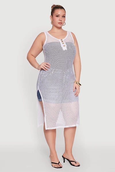 Womens Plus Size Fishnet Side Slit Maxi Cover Up, White, Size 3X