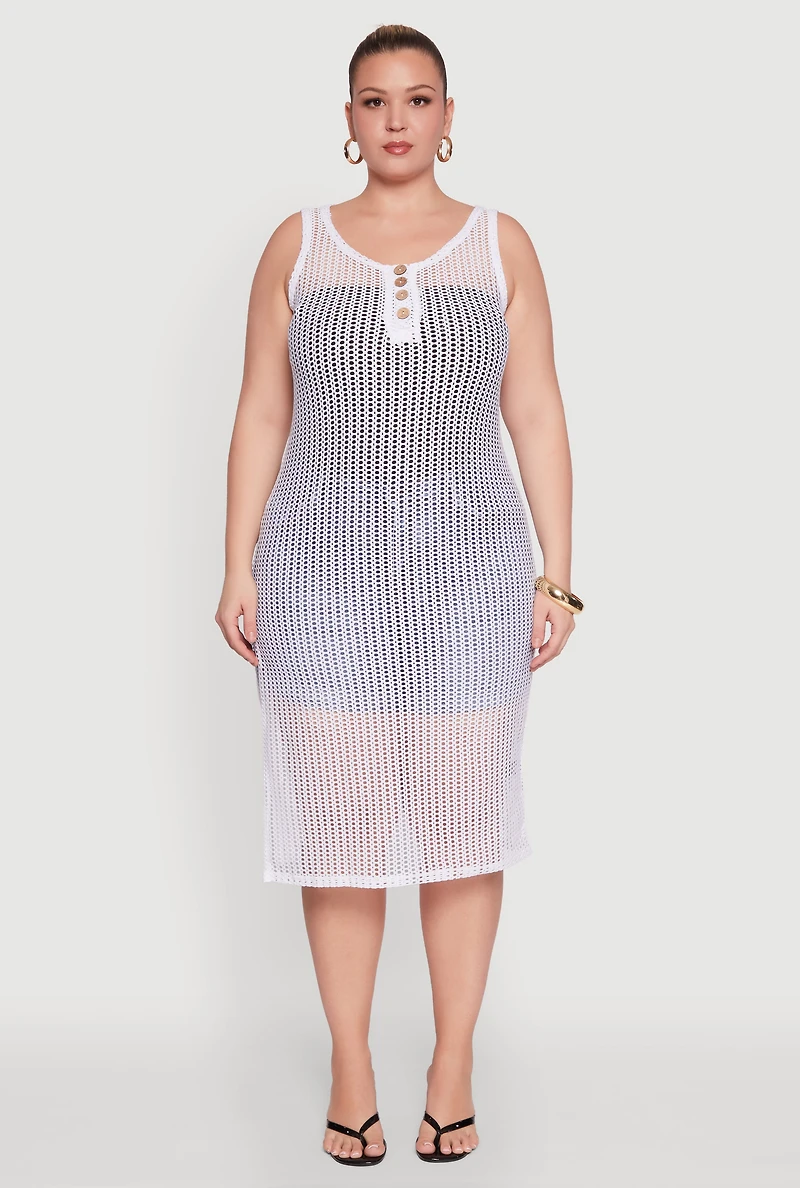 Womens Plus Size Fishnet Side Slit Maxi Cover Up, White, Size 3X