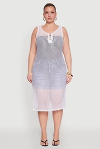 Womens Plus Size Fishnet Side Slit Maxi Cover Up, White, Size 3X