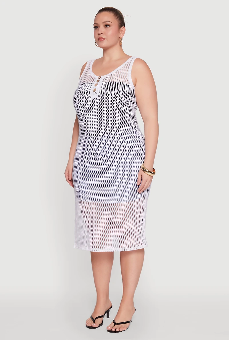 Womens Plus Size Fishnet Side Slit Maxi Cover Up, White, Size 3X