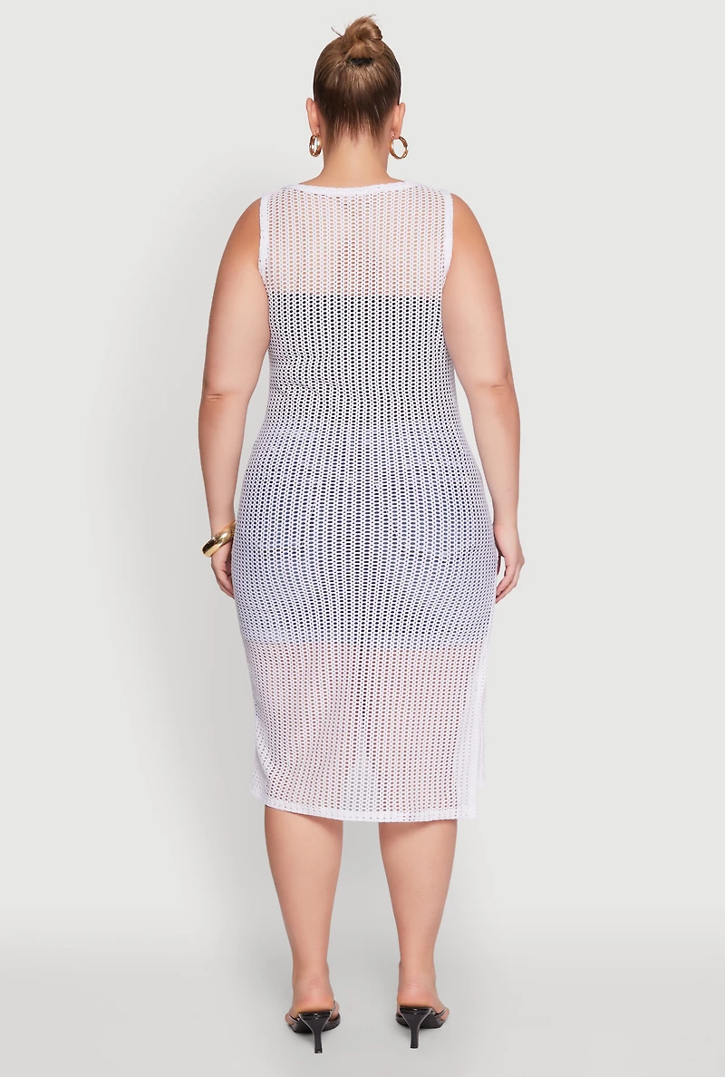 Womens Plus Size Fishnet Side Slit Maxi Cover Up, White, Size 3X