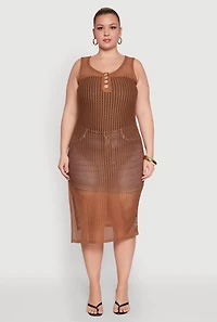 Womens Plus Fishnet Side Slit Maxi Cover Up, Brown,